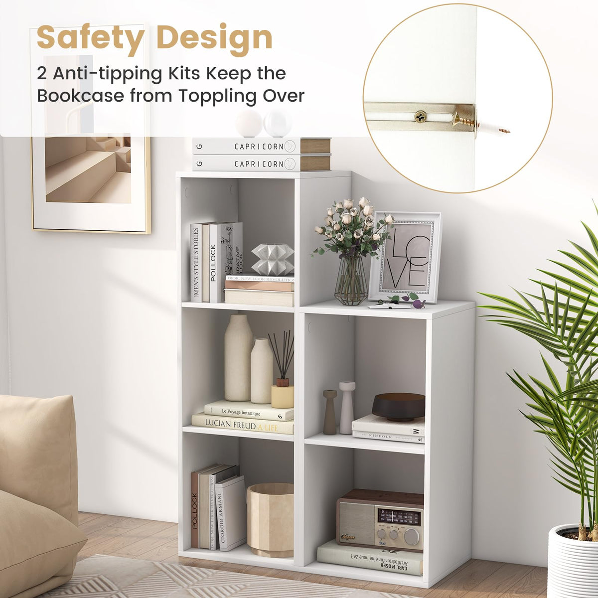 Goflame 2-Cube Bookcase, White Cubby Bookshelf w/Back Guardrail & Anti-Tipping Kits