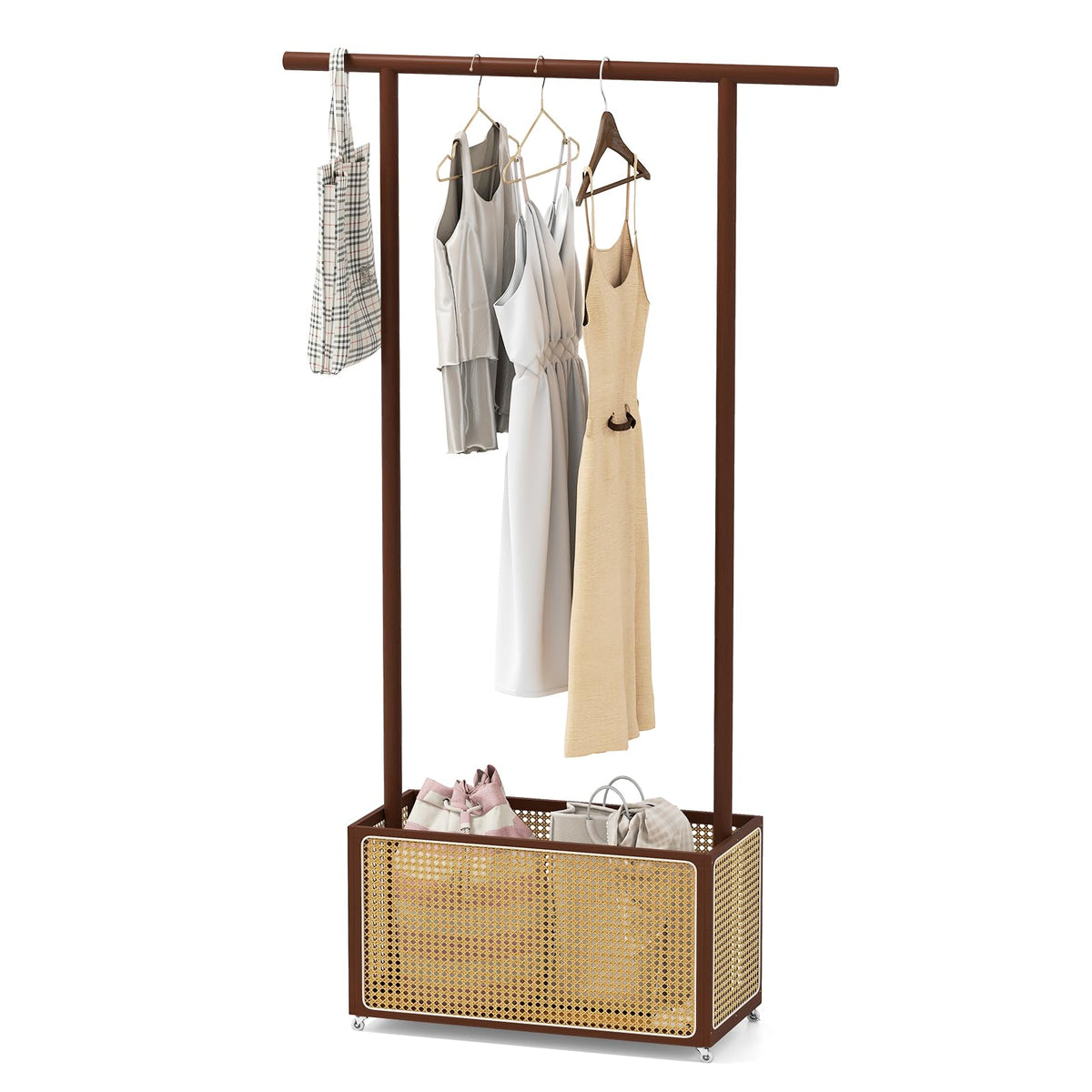 Goflame Bamboo Clothes Rack 2-In-1 Clothing Hanging Rail for Hallway Living Room Bedroom