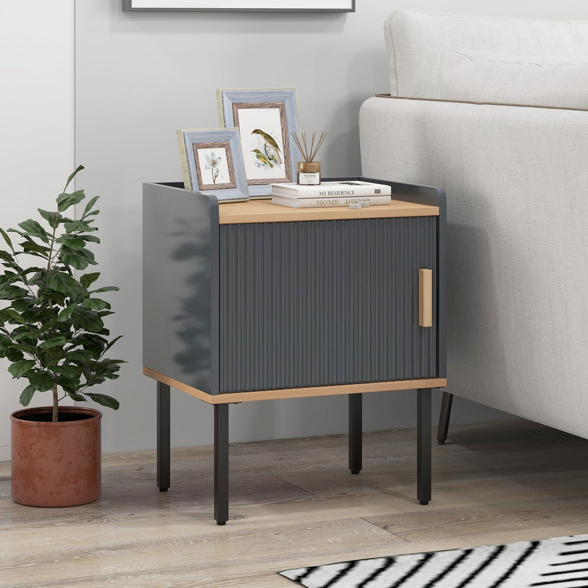 Goflame Nightstand with Storage, Bedside Table with Single Door Cabinet, Small Space, Gray