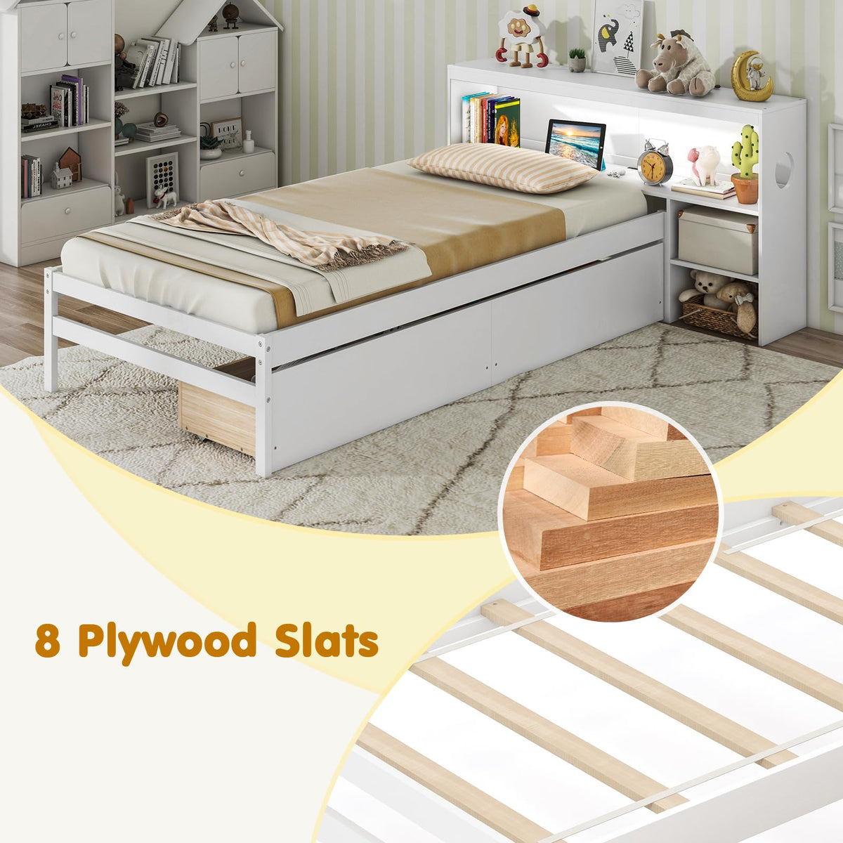 Goflame Wood Twin Bed Frame with Storage Drawer & Headboard, Modern Platform Bed with Charging Station & LED Light