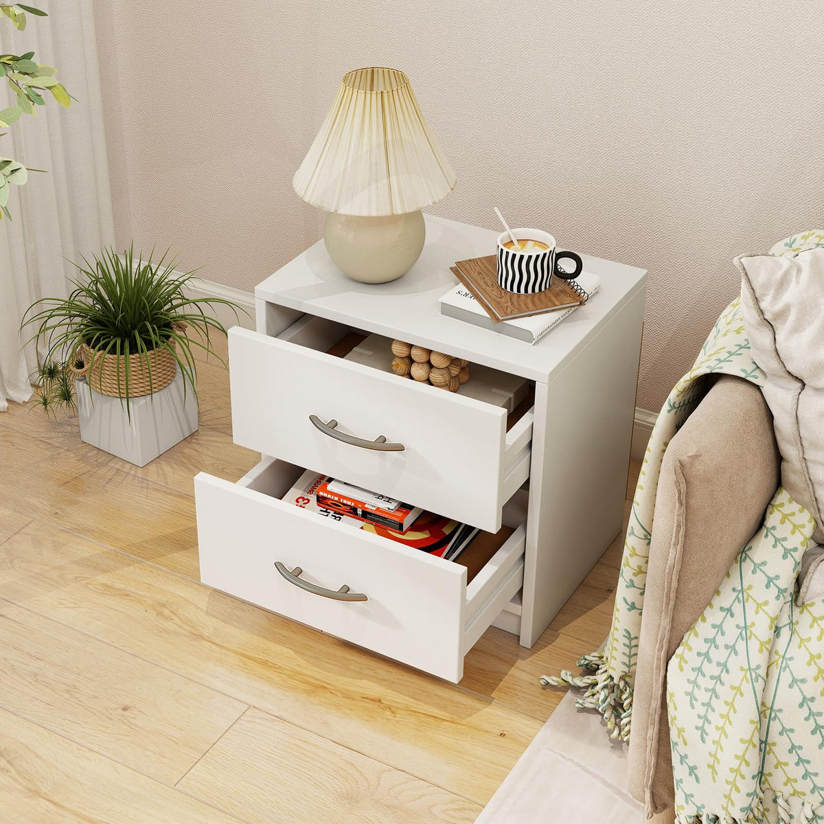 Goflame Nightstand with 2 Drawers, Modern Night Stand with Storage Drawers, Compact Floor Sofa Side Table for Small Spaces