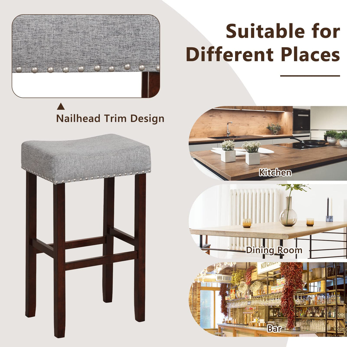 Goflame 29.5" Bar Height Bar Stools Set of 4 - Backless Saddle Barstools with Nailhead Linen Foam Seat