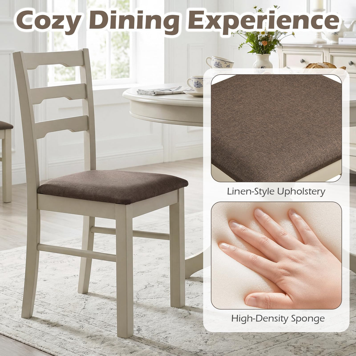 Goflame Wood Farmhouse Upholstered Kitchen Chairs with Ladder Back Design (2/4)