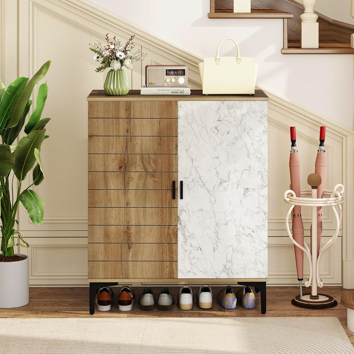 Goflame Shoe Cabinet 4-Tier Wooden Shoe Rack Cabinet(Marble Pattern Door)