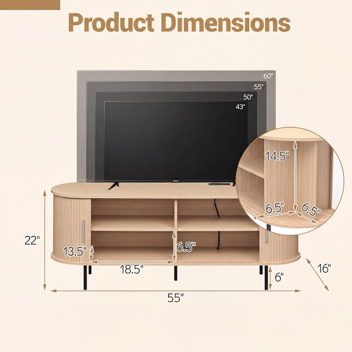 Goflame Mid Century Curved Fluted TV Stand for TVs up to 60"