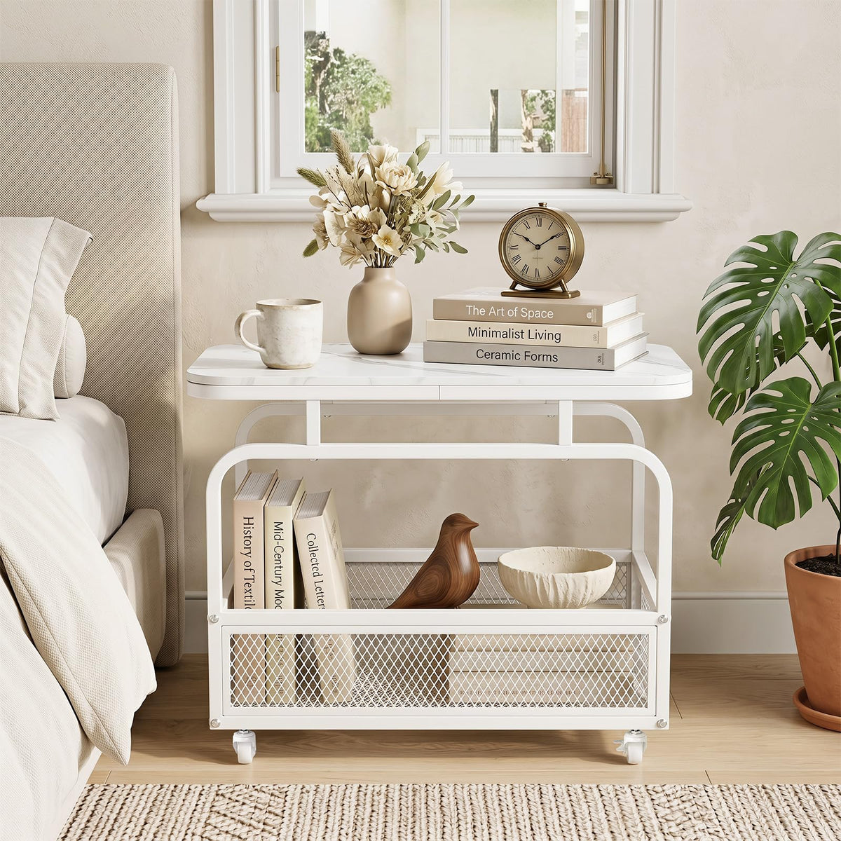 Goflame Rolling Side Table | 2-Tier End Table with Mesh Storage Basket (1/2)