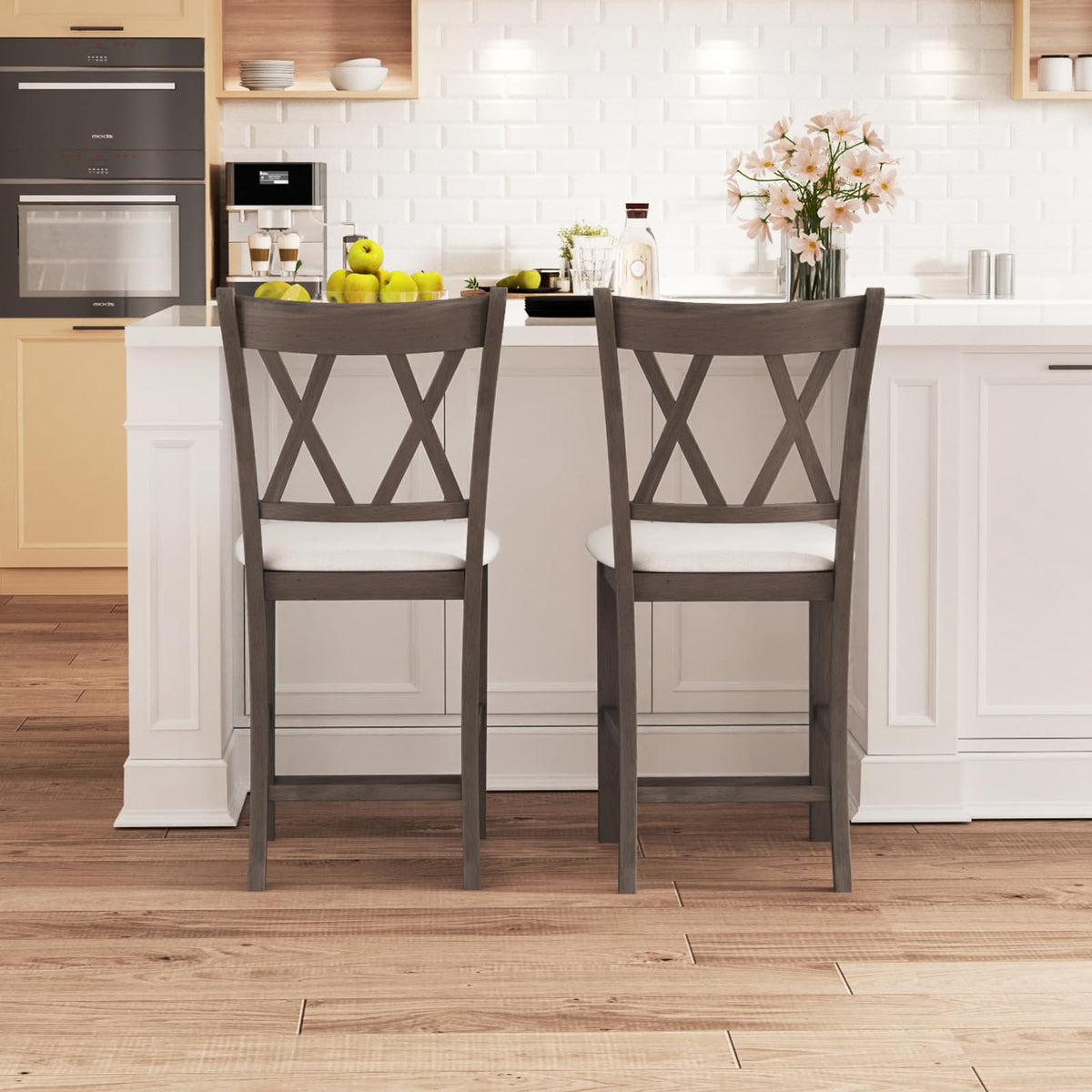 Goflame Wood Bar Stools Set of 2/4, 24" Counter Height Bar Stools w/Cross Back & Linen Fabric Upholstered Seat