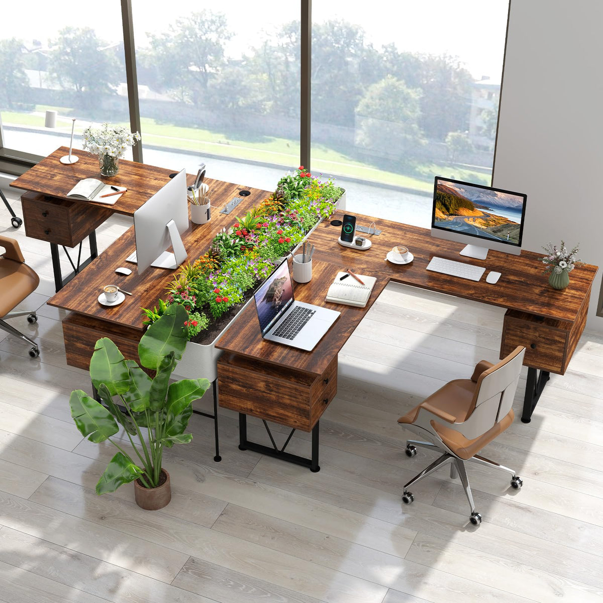 Goflame L Shaped Desk with Drawers, 59” Large Computer Desk with Power Outlet