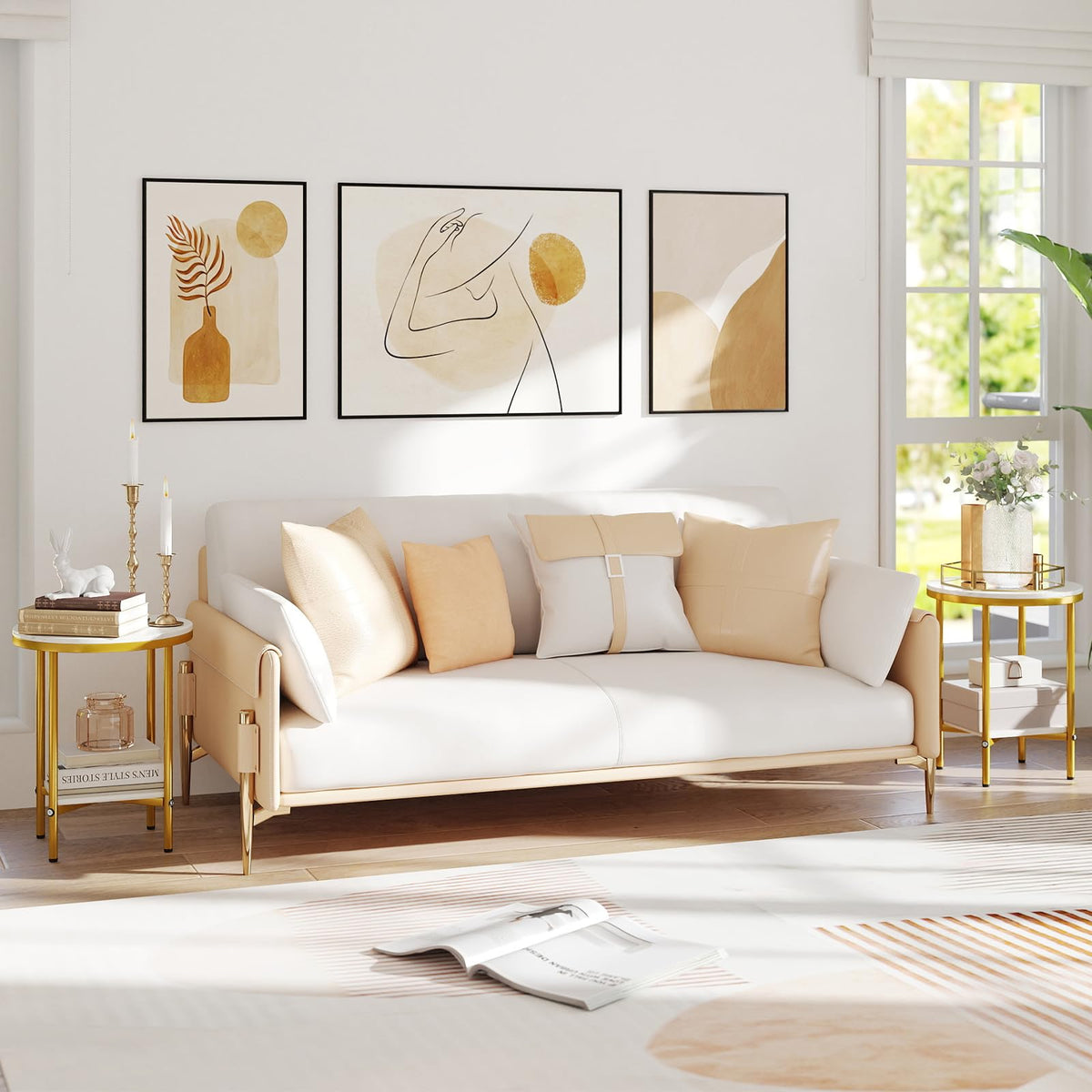 Goflame Round Side Table 2-Tier Faux Marble Sofa Side Coffee Table w/Gold Frame & Open Shelf