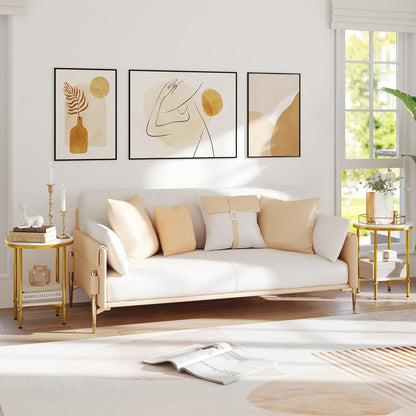 Goflame Round Side Table 2-Tier Faux Marble Sofa Side Coffee Table w/Gold Frame & Open Shelf