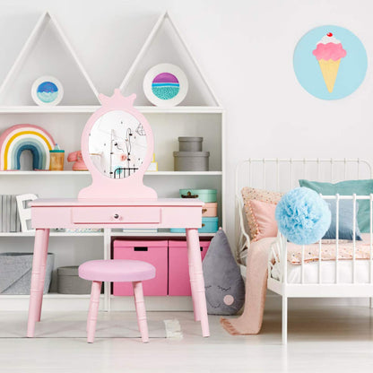 Kids Vanity Set, Princess Dressing Table Set, Wooden Dresser, Little Girls Makeup Table and Stool Set