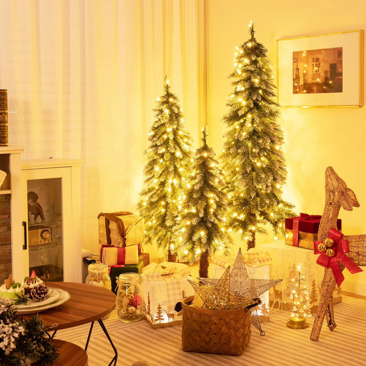 Goflame 3' 4' 5' Pre-Lit Artificial Christmas Tree Set, Slim Pencil Xmas Trees with Snowy Leaves