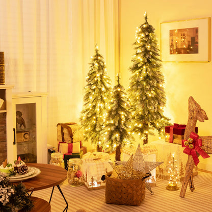 Goflame 3' 4' 5' Pre-Lit Artificial Christmas Tree Set, Slim Pencil Xmas Trees with Snowy Leaves