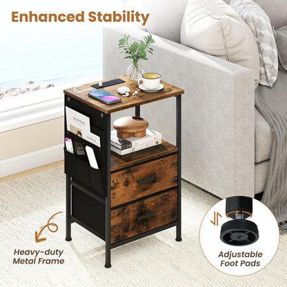 Goflame Night Stand with Charging Station | LED Sofa End Table w/2 Folding Fabric Drawers