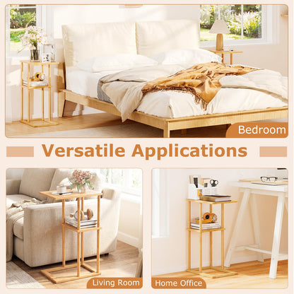 Goflame Side Table Set of 2 with Storage Shelves and Bamboo Construction
