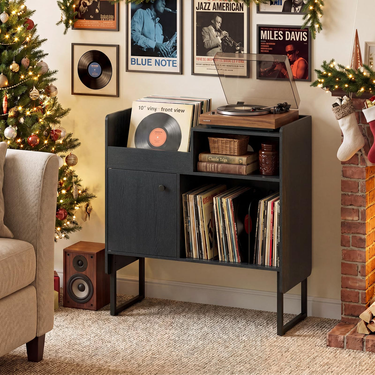 Goflame Record Player Stand with Open Shelf & Cabinet Hold Up to 250 Albums