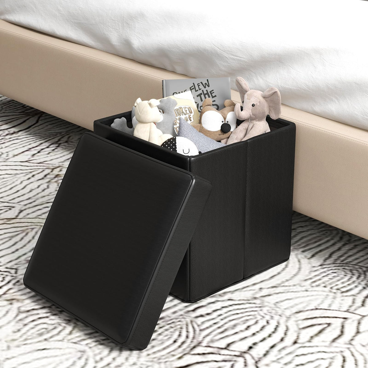Goflame Cube Storage Ottoman - 15 Inches Folding Ottoman Storage Chest, PVC Leather, Upholstered Footrest