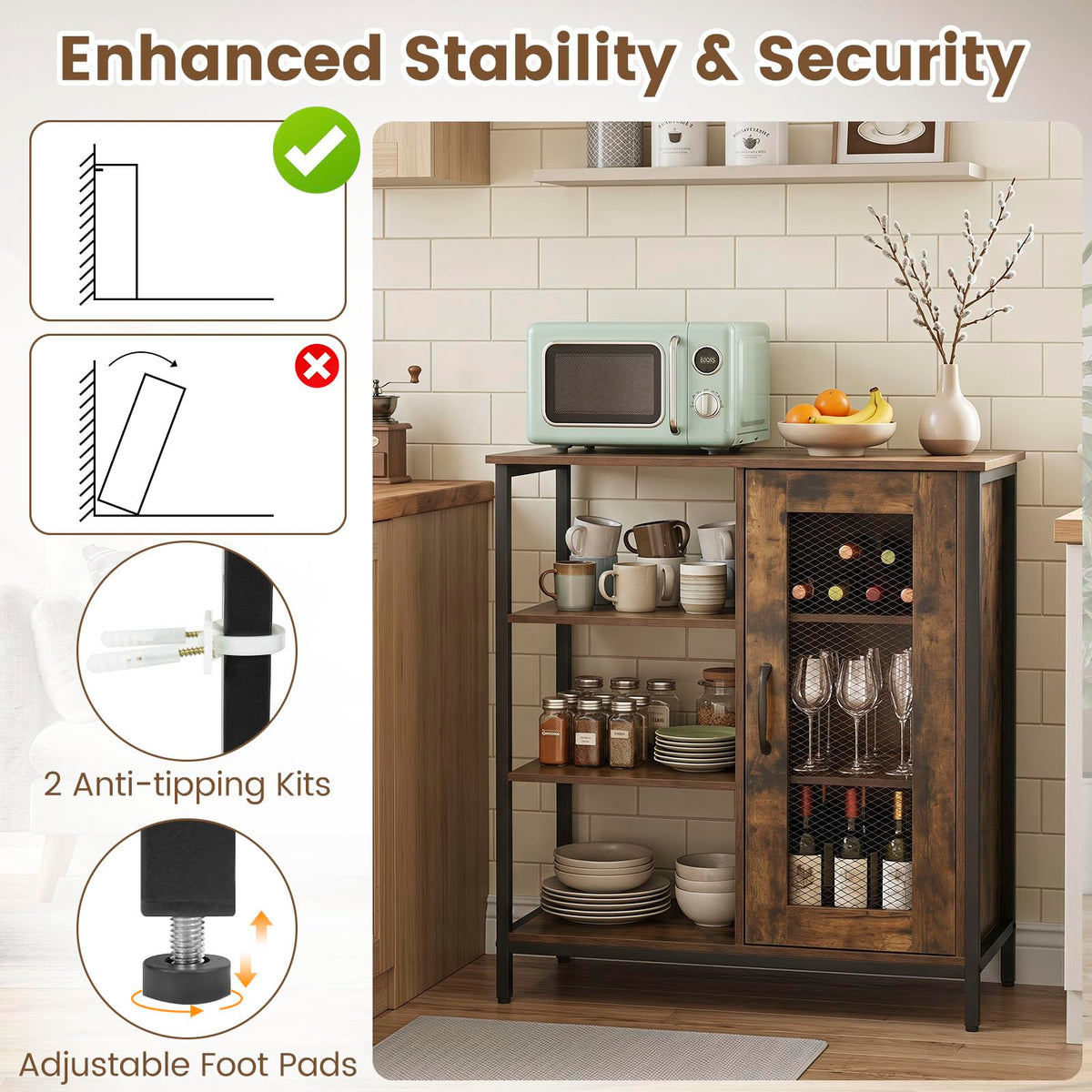 Goflame Industrial Side Cabinet with Metal Mesh Door and 3 Open Shelves