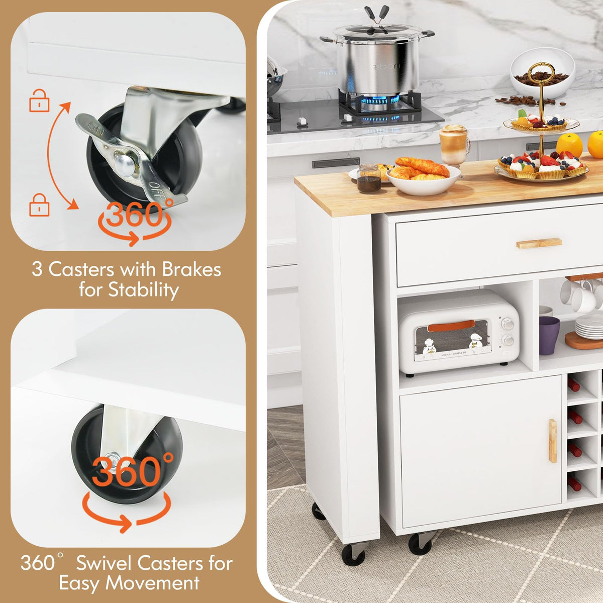 Goflame Mobile Kitchen Island Cart - 2-in-1 Reversible Serving Cart Bar Table Combo, White