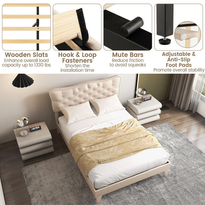 Goflame Full Size Bed Frame Beige, Linen Fabric Upholstered Platform Bed Frame with Nail Headboard