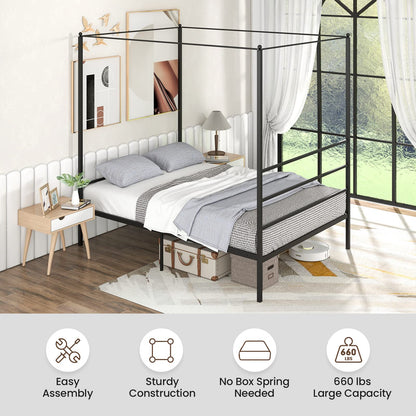 Goflame Full Size Metal Canopy Bed Frame, Modern Platform Bed Frame with 4 Poster & Headboard