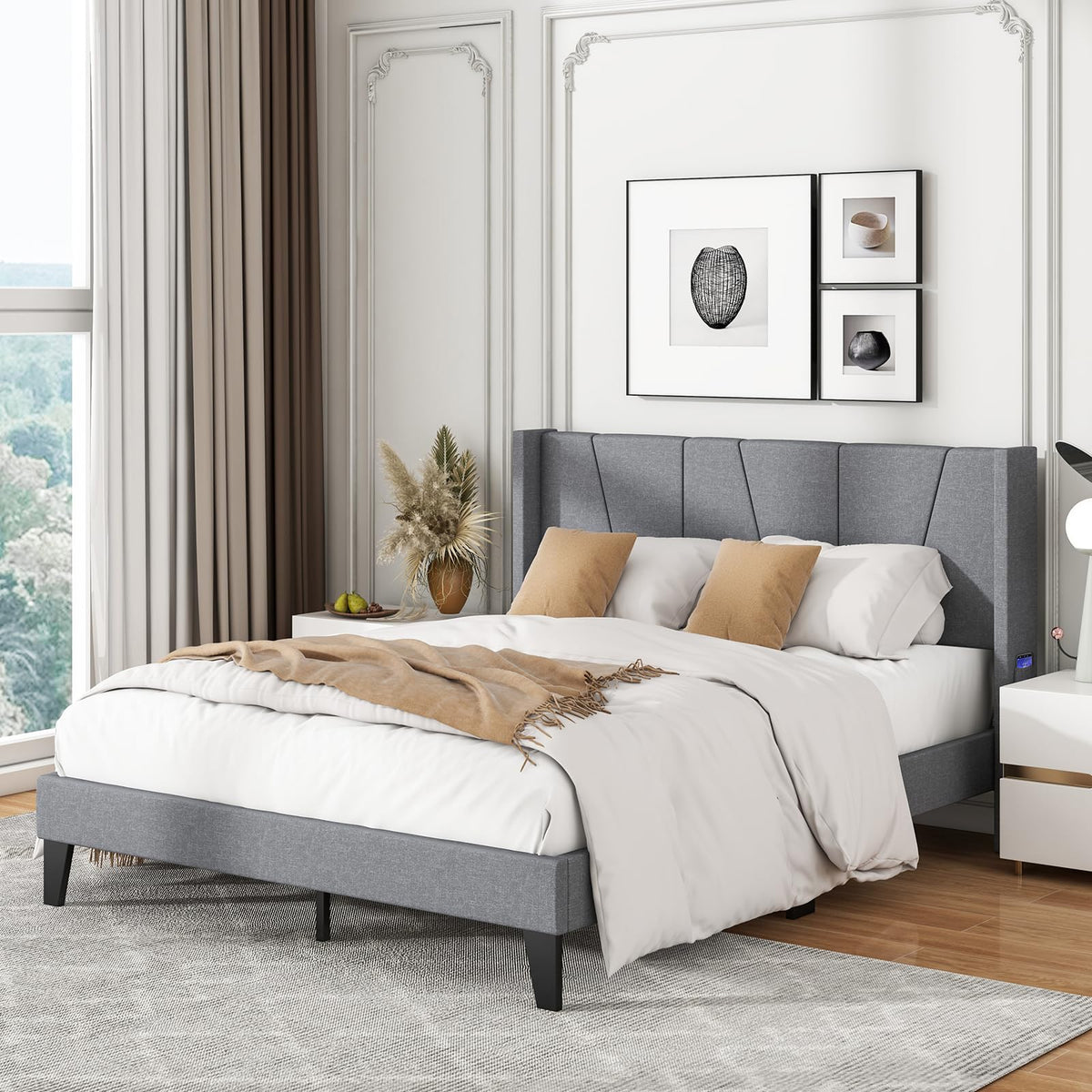 Goflame Queen/Full SizeBed Frame with Wingback Headboard