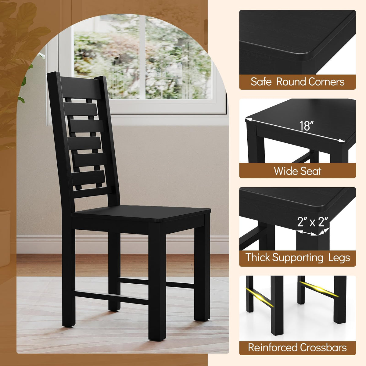 Goflame Wooden Dining Chairs Set 100% Solid Rubber Wood Kitchen Chair with High & Tilted Backrest