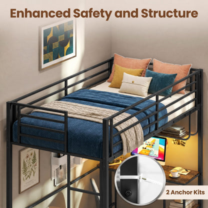 Goflame Twin Loft Bed with Desk LED Lights & Charging Station