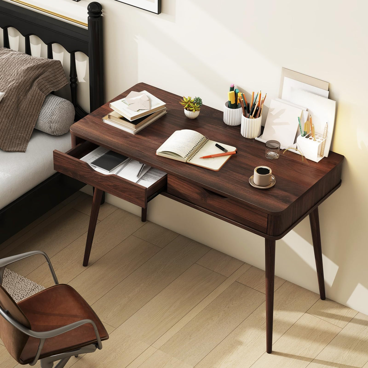 Goflame Mid-Century Desk with 2 Drawers, 43.5" Writing Study Desk with Solid Rubber Wood Legs