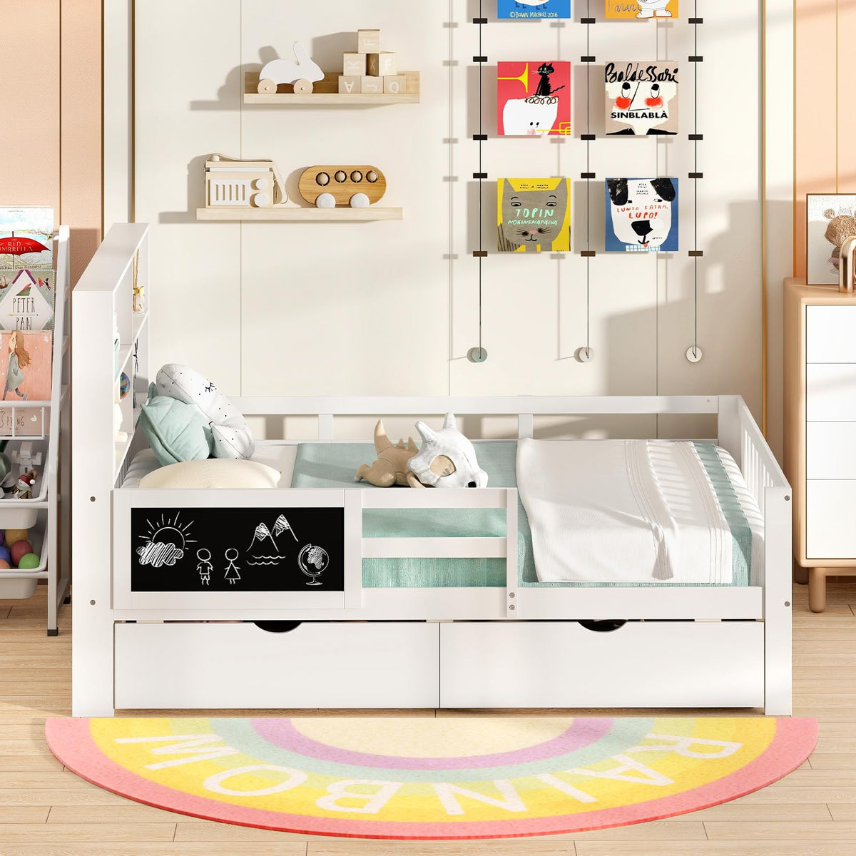 Goflame Full/Twin Size 2 Storage Drawers, Solid Wood Kids Bed Frame w/Bookcase Headboard & Blackboard