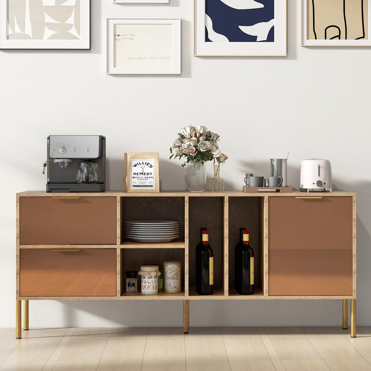 Goflame Mirrored Buffet Cabinet, Wooden Kitchen Sideboard Storage Cabinet w/2 Drawers & 1 Door Accent Cabinet