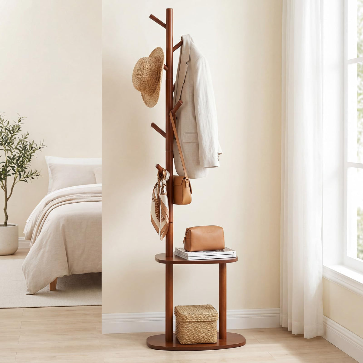 Goflame 70" Solid Wood Clothing Rack with 8 Hooks and 2 Storage Shelves