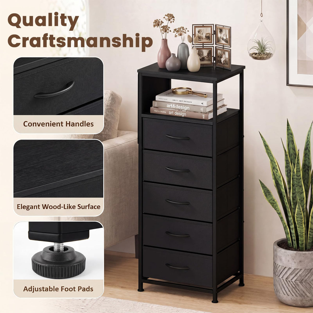 Goflame Modern 39" Bedside Table with Integrated Charging Station & 5 Fabric Drawers (1/2)