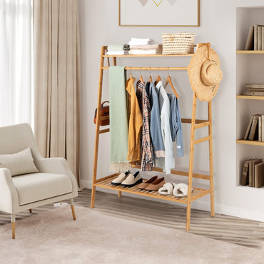 Goflame 3 Tier Bamboo Clothing Rack with Shelves, Heavy Duty Freestanding Clothes Organizer Rack with Coat Hooks