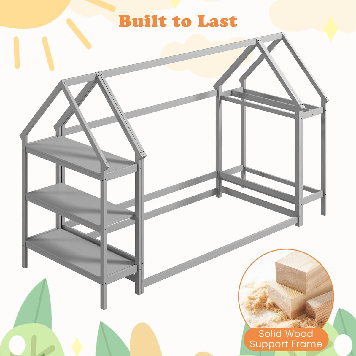 Goflame Twin Floor Bed, Wood Montessori Floor Bed with Detachable 3 Tier Storage Bookshelf & Clothes Rack