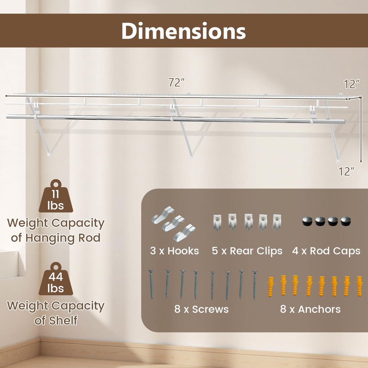 Goflame 6 ft Wall Mounted Closet Shelf with Hanging Rod