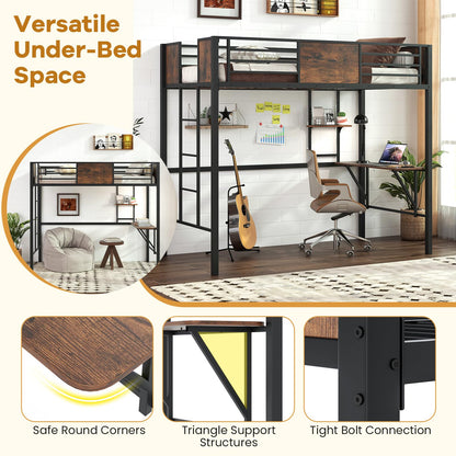 Goflame Twin Loft Bed with Desk - Heavy-Duty Metal Bed Frame w/Safety Guardrail