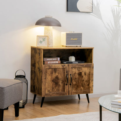 Goflame Mid-Century Storage Cabinet, Wooden Floor Cabinet with 2 Doors, Rustic Brown