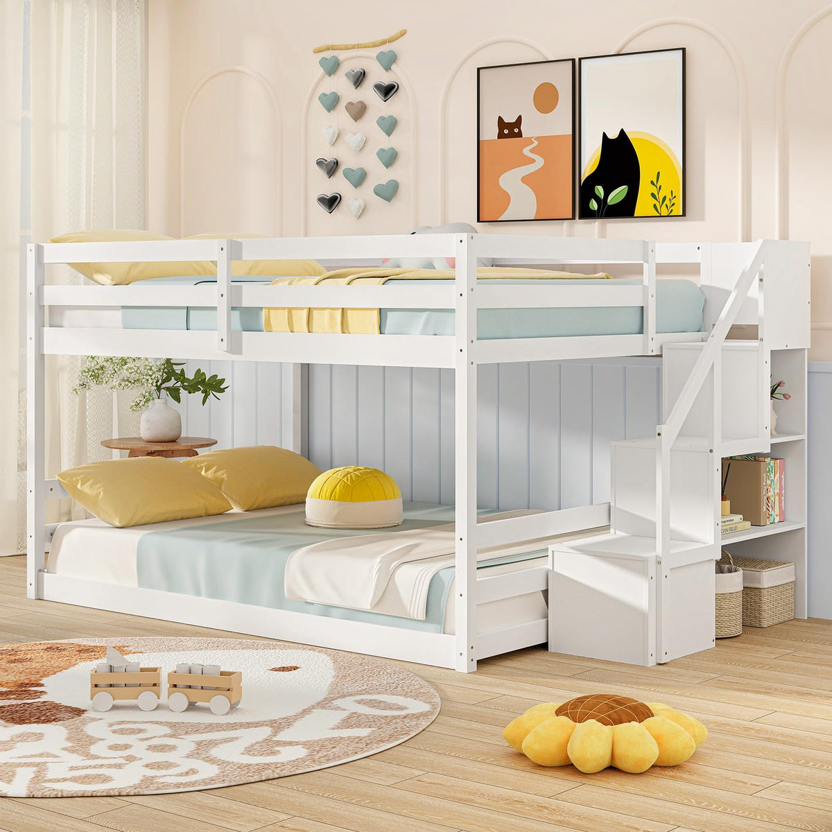 Goflame Bunk Bed with Stairs, Solid Wood Floor Bunk Bed with Storage Staircase & Full-Length Guardrails
