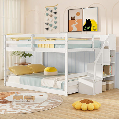 Goflame Bunk Bed with Stairs, Solid Wood Floor Bunk Bed with Storage Staircase & Full-Length Guardrails