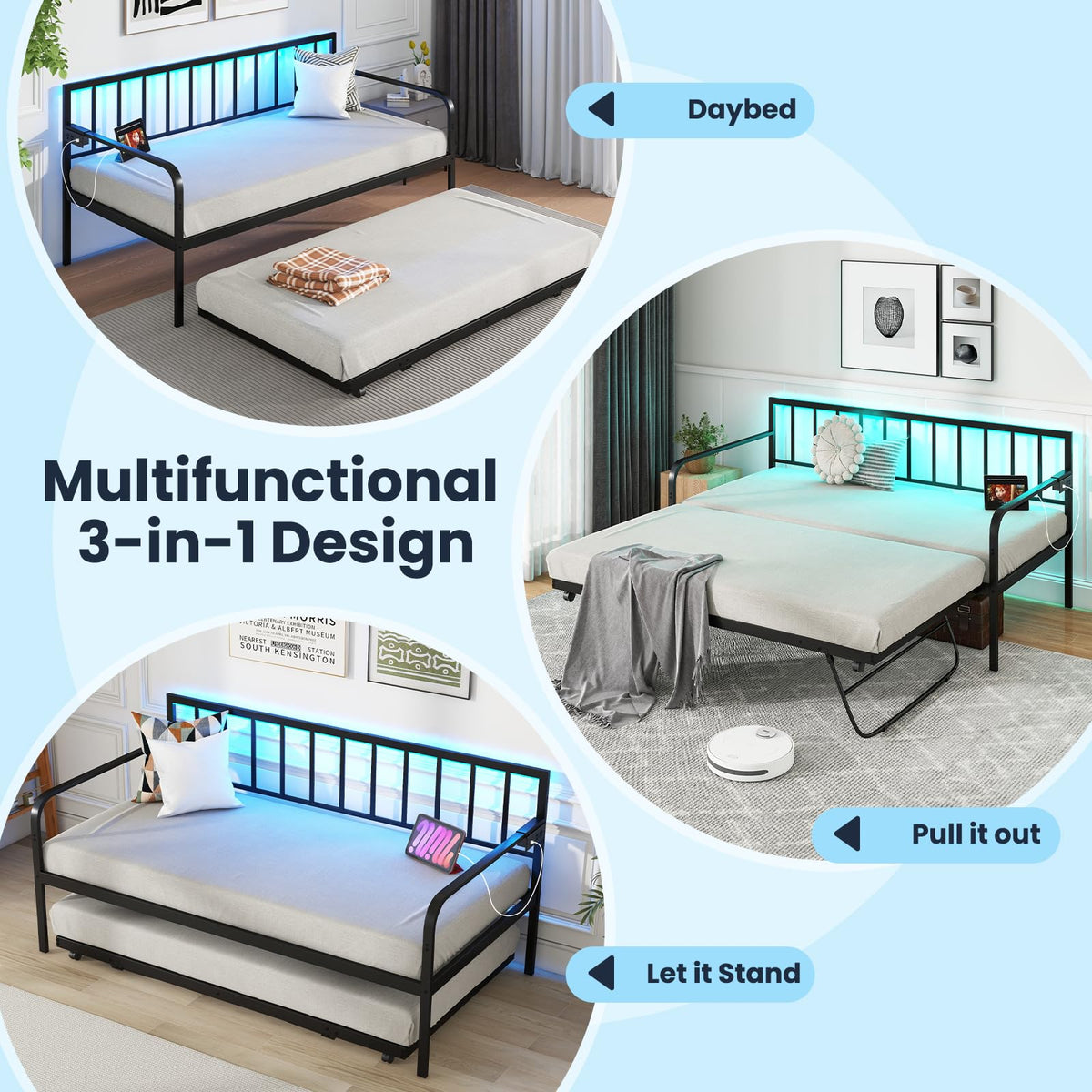 Goflame Twin Daybed with Trundle, Metal Day Bed with Charging Station & LED Lights