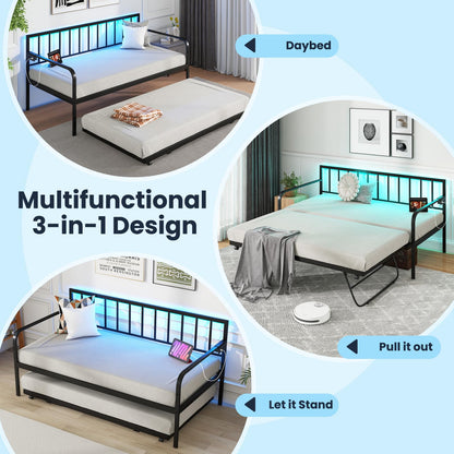 Goflame Twin Daybed with Trundle, Metal Day Bed with Charging Station & LED Lights