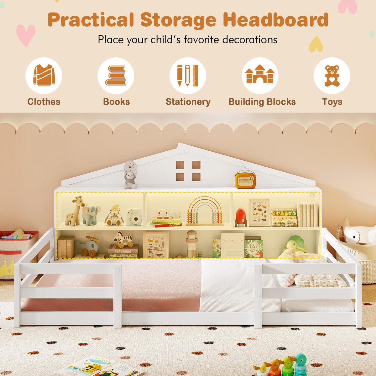 Goflame Montessori Floor Bed with LED Lights 2-in-1 Wooden House Bed Frame with Safety Guardrails