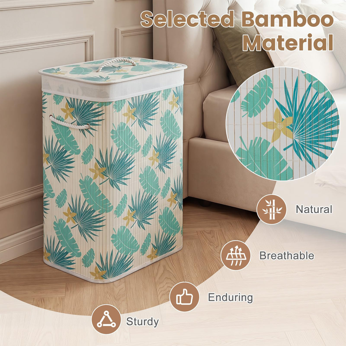 Goflame 19 Gal Bamboo Laundry Hamper w/Removable Liner & Portable Handles