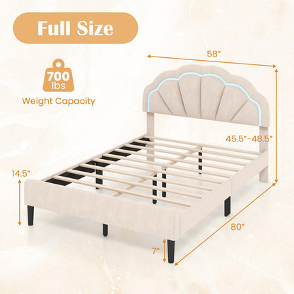 Goflame Full Size LED Bed Frame, Velvet Upholstered Full Platform Bed with Adjustable Cloud Headboard