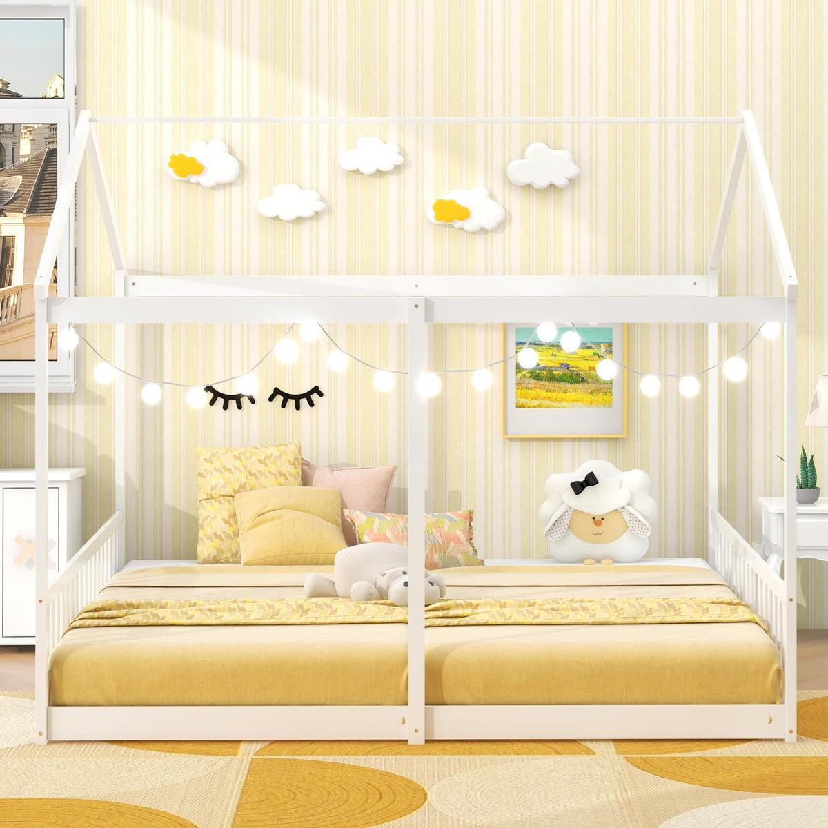 Goflame Double Twin Floor Beds for 2 Kids, Wood Twin Size House Beds with Safety Guardrails, White