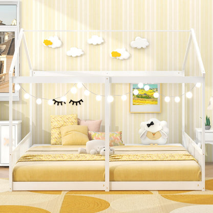 Goflame Double Twin Floor Beds for 2 Kids, Wood Twin Size House Beds with Safety Guardrails, White