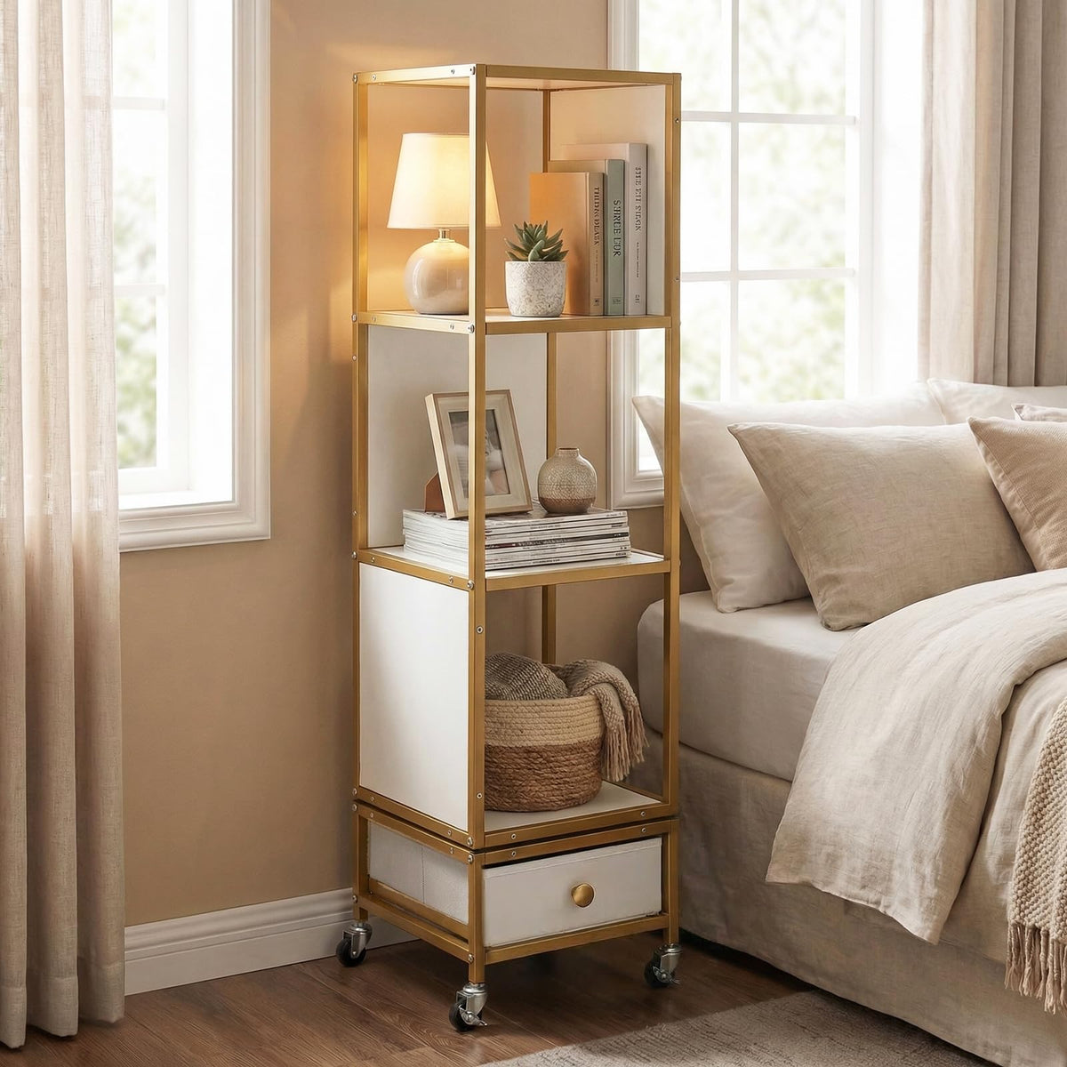 Goflame 4-Tier Rotating Bookshelf | 360° Spinning Corner Book Shelf Tower W/Removable Fabric Storage Drawer