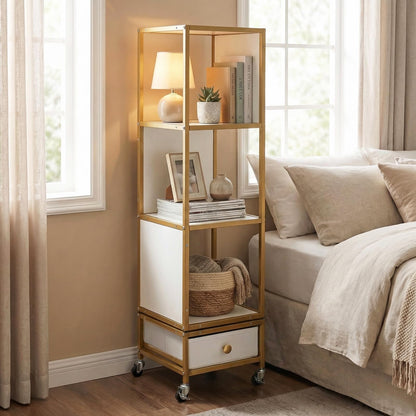 Goflame 4-Tier Rotating Bookshelf | 360° Spinning Corner Book Shelf Tower W/Removable Fabric Storage Drawer