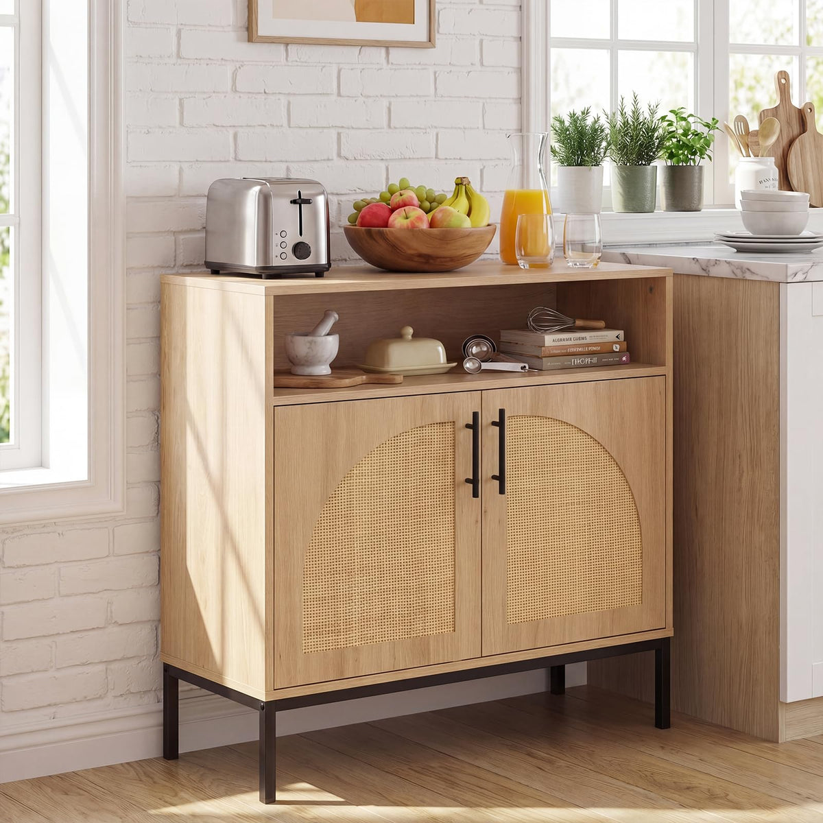 Goflame 32" Sideboard Buffet Cabinet with 2 Natural Rattan Decorated Doors (1/2)
